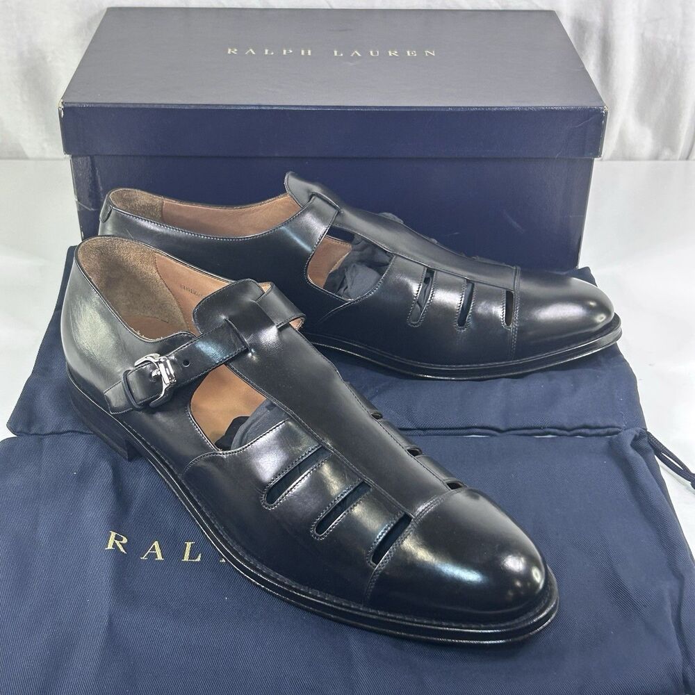Ralph‎ Lauren Purple Label Fisherman Burnished Sandal Black Calfskin Men sz 12